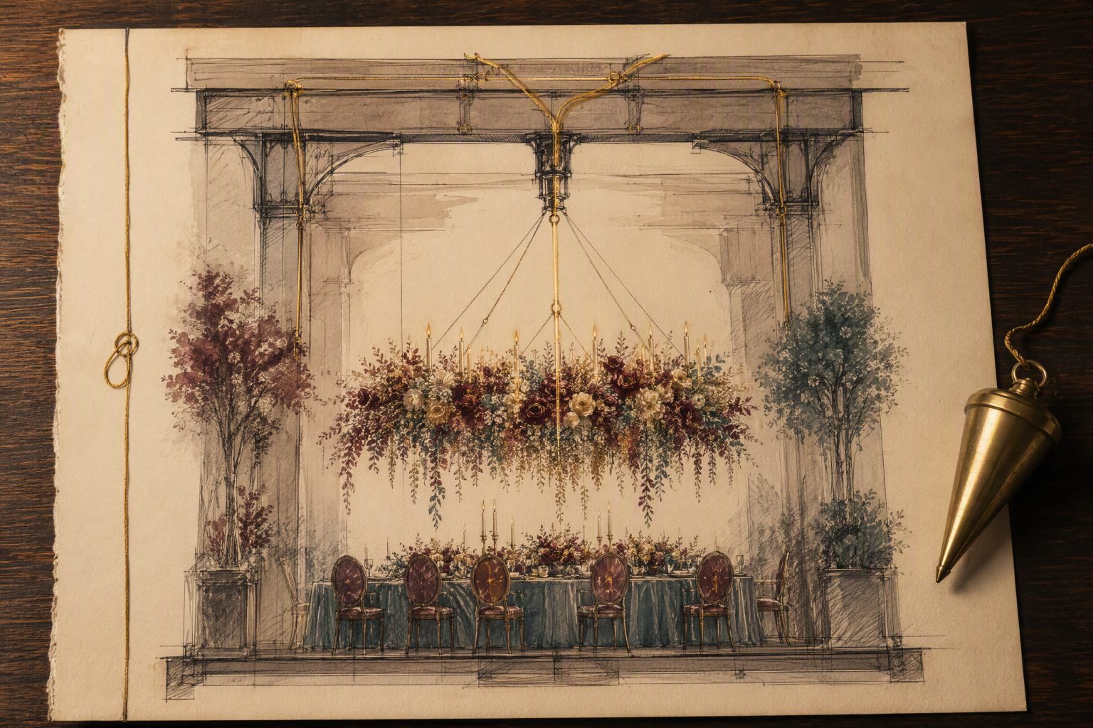 Ink and watercolor section drawing of a hanging floral installation above a dinner table, with its cables traced up to the structure overhead, beside a brass plumb bob.