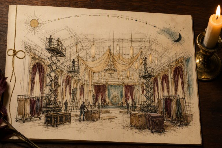 Ink and watercolor drawing of a grand hall being installed with scissor lifts, draping and crates, under a faint sun-to-moon arc across the top of the page, beside a lit candle.