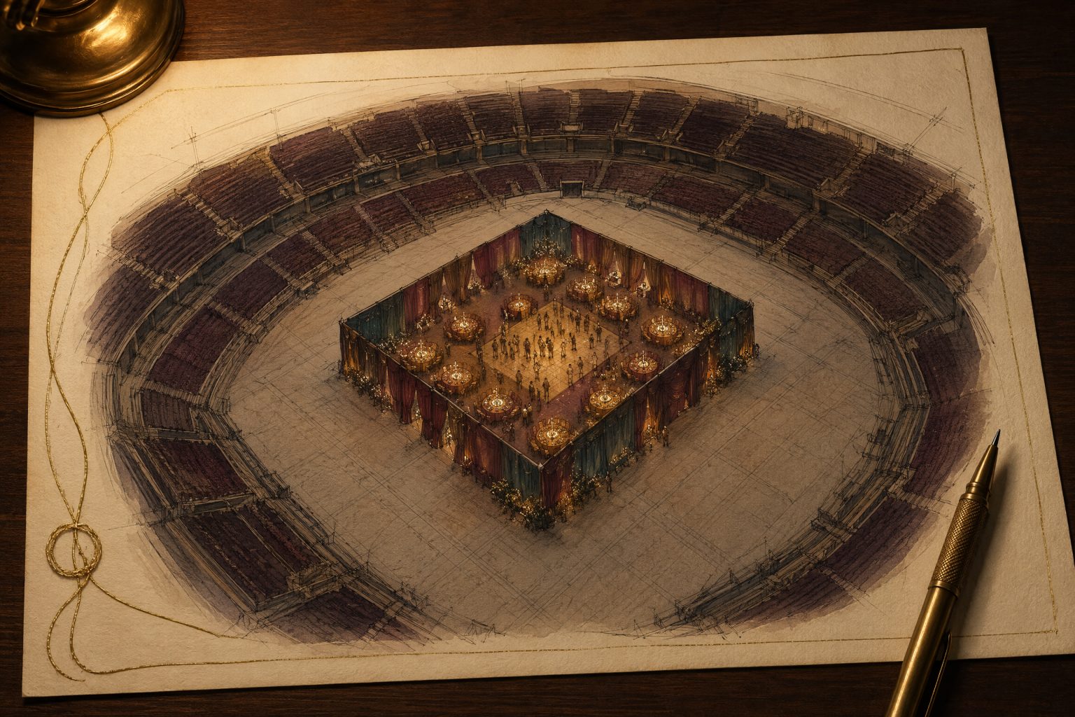 Bird's-eye ink and watercolor drawing of a vast empty arena with a small draped party room glowing with tables at the center of its floor, beside a brass pencil.