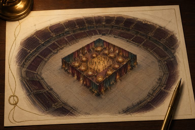 Bird's-eye ink and watercolor drawing of a vast empty arena with a small draped party room glowing with tables at the center of its floor, beside a brass pencil.