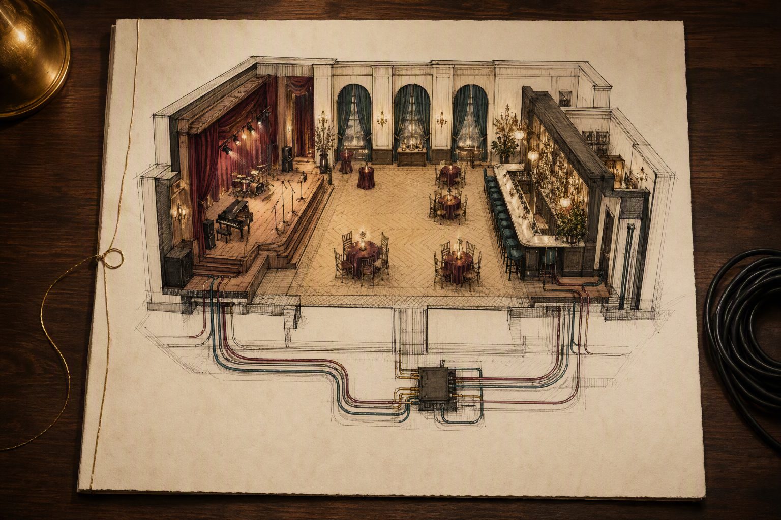 Ink and watercolor cutaway of an event room with a stage at one end and a bar at the other, with cables drawn beneath the floor connecting both to one power box, beside a coiled black cable.