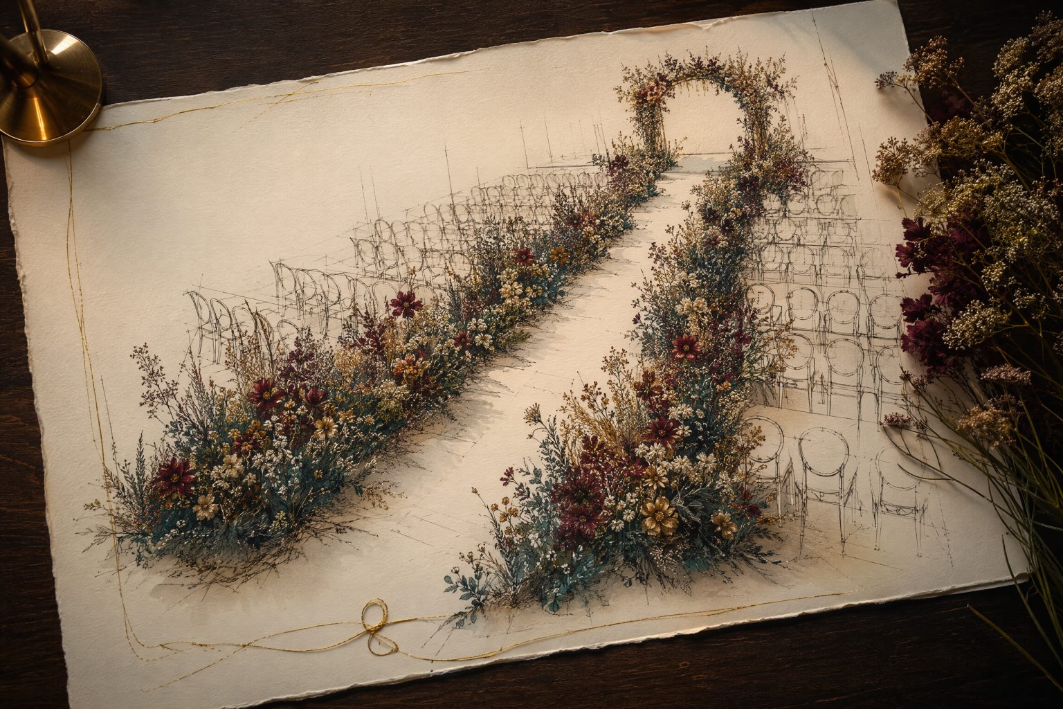Ink and watercolor drawing of a ceremony aisle bordered on both sides by long drifts of meadow flowers and grasses, with a sprig of dried flowers at the edge of the paper.