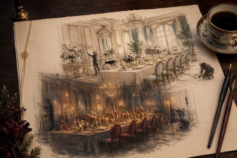 Layered ink and watercolor drawing of an elegant room shown as a candlelit dinner beneath a ghosted sketch of the same space being reset, with a coffee cup on the page.