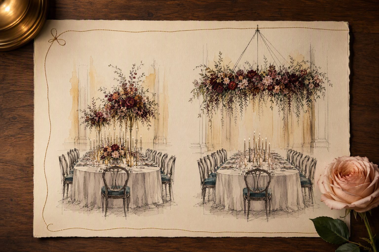 Two ink and watercolor elevations of the same dinner table, one with tall arrangements on the table and one with a floral installation suspended above it, beside a garden rose.