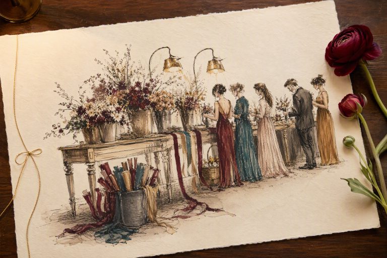 Ink and watercolor drawing of a flower bar table with buckets of blooms and ribbon and a line of guests wrapping bouquets, with a fresh red ranunculus on the page.