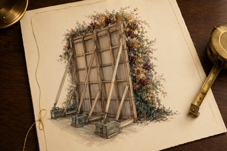 Ink and watercolor drawing of a tall freestanding flower wall seen from behind, showing its timber frame, angled braces and weighted base, beside a brass tape measure.