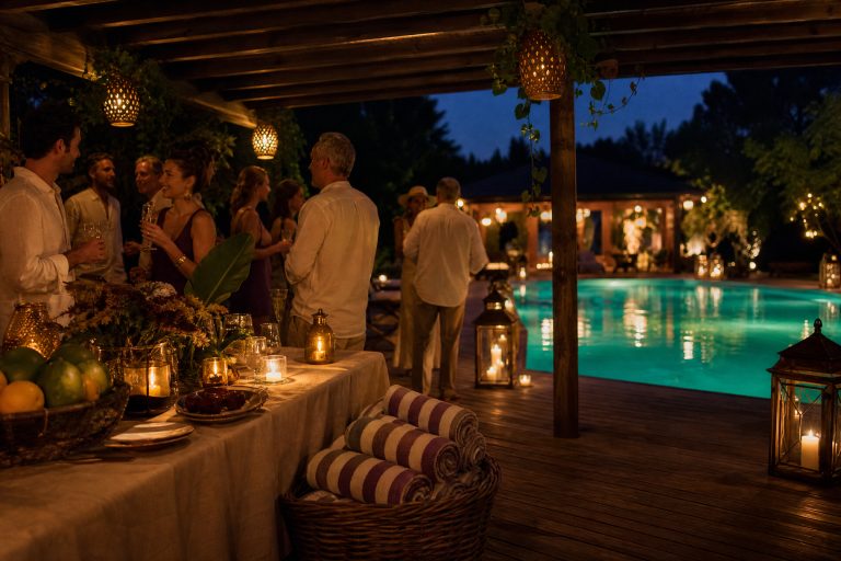 Guests in linen gather at a candlelit table under a pergola, rolled striped towels in a basket, with the glowing pool kept at a distance behind lanterns.