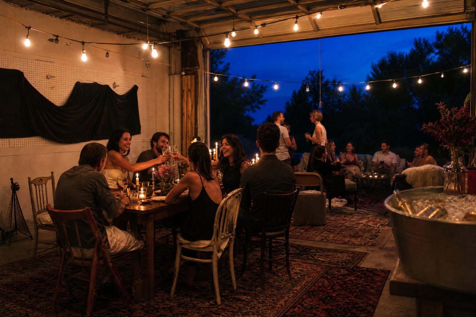 A two-car garage with its door rolled open to a blue dusk sky, layered with vintage rugs, a long candlelit table, string lights and friends toasting.