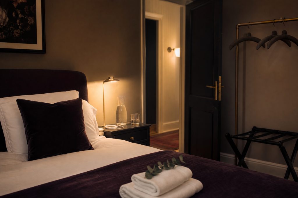 A lamplit guest bedroom with crisp linens, a plum velvet throw, water carafe on the nightstand, towels with eucalyptus, a luggage rack and empty hangers.