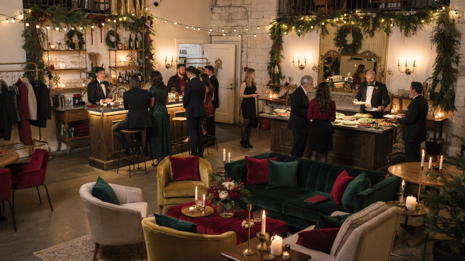 A seventy-person holiday party arranged with separate drink points, substantial food service, a coat landing area, several conversation zones and clear circulation through the room.