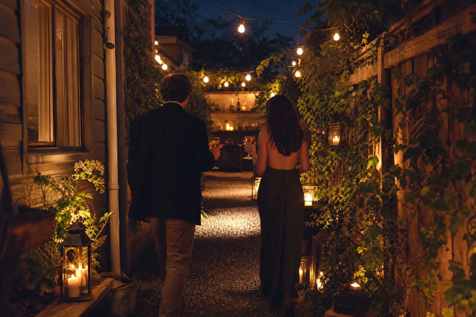 Two guests walk down a narrow gravel side yard lined with candle lanterns and ivy toward a glowing hidden bar nook under string lights.