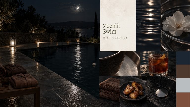 Mood board for Moonlit Swim with ink-dark water, wet stone, a low silver lantern, moon silver, a tamarind late-night drink and one reflective token.