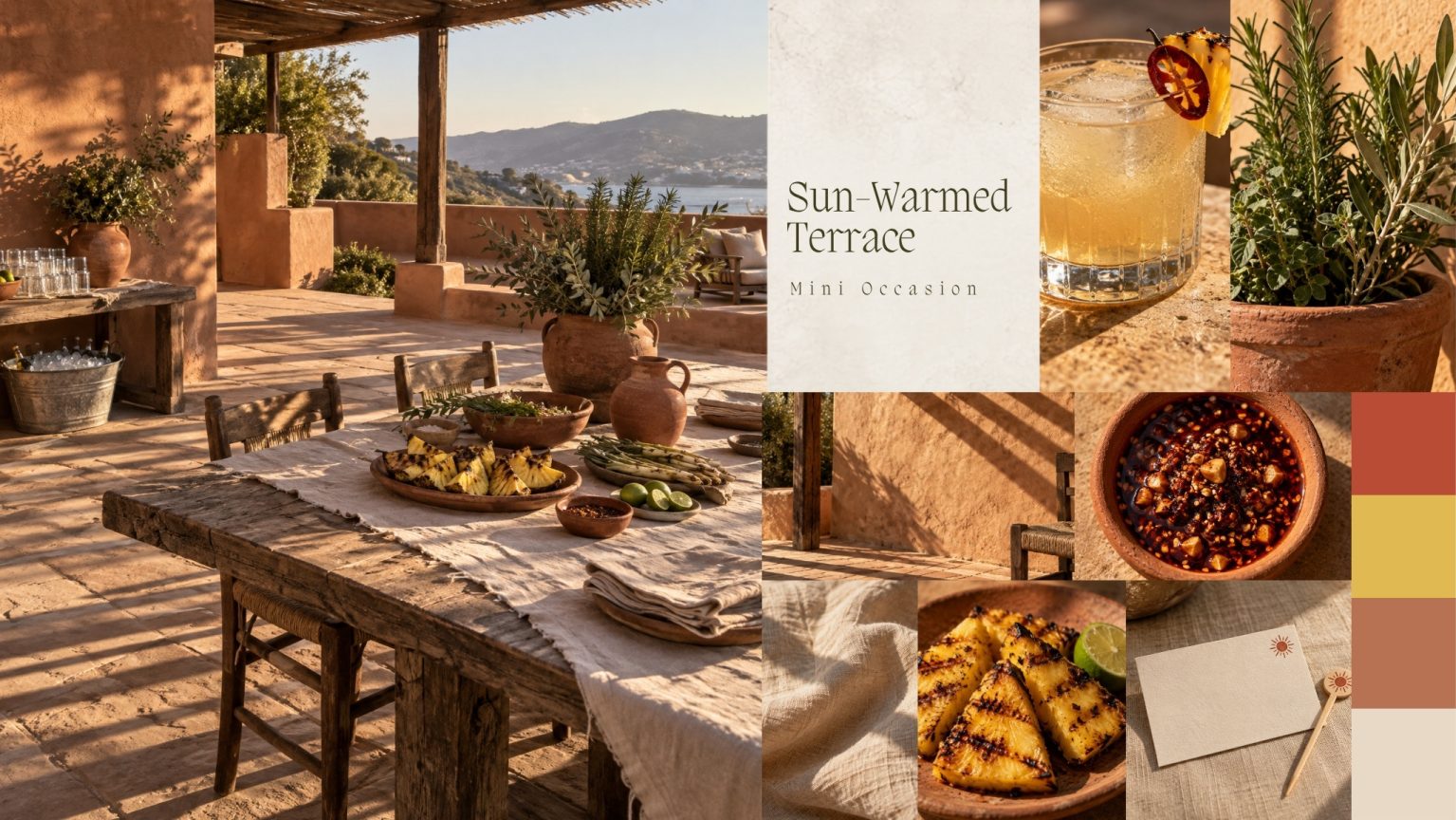 Mood board for Sun-Warmed Terrace with golden-hour shadows, sun-faded linen, clay, grilled pineapple, chile oil, heat-tolerant herbs, a smoky drink and a tiny sun symbol.
