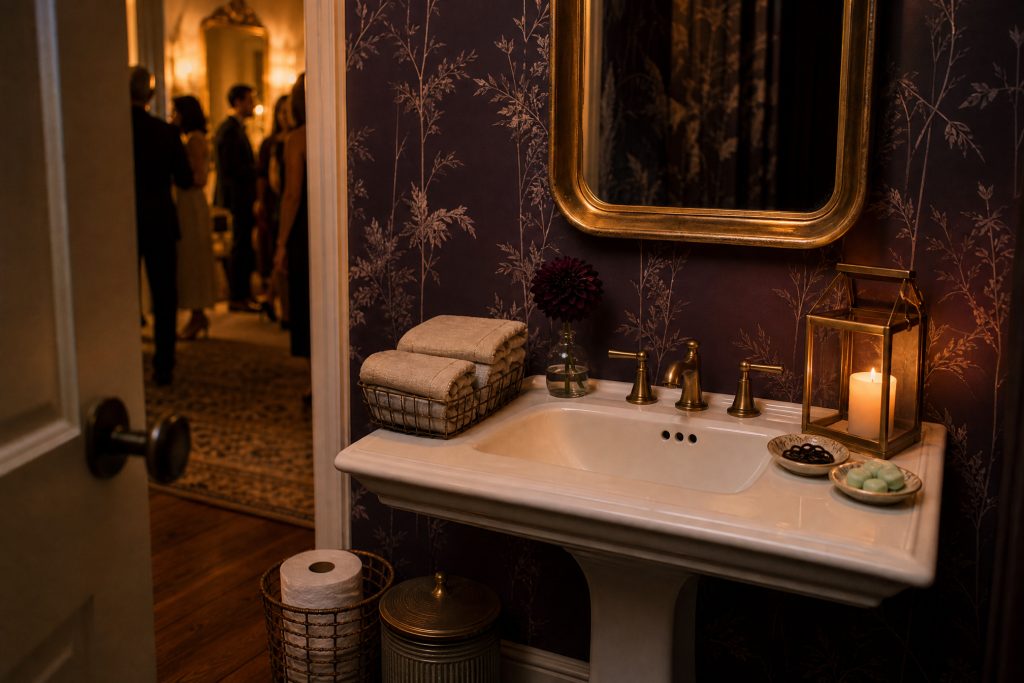 A candlelit powder room with plum botanical wallpaper, stacked hand towels, a spare roll in plain sight, a lantern and a small dish of mints, the party visible through the door.