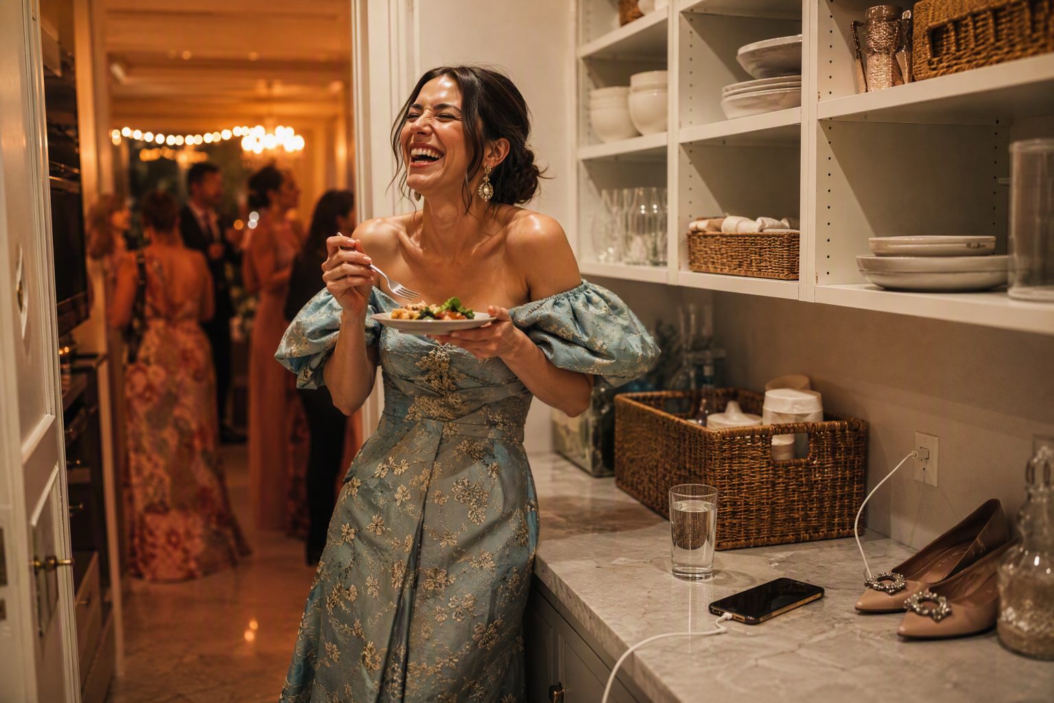 A host in an elegant dress laughing as she eats a small plate of food standing in a tidy pantry, with spare flats and a charging phone on the counter and the party glowing beyond.