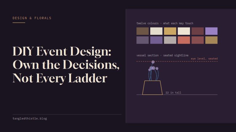 Tangled Thistle title card: the headline "DIY Event Design: Own the Decisions, Not Every Ladder" set in cream serif on a near-black plum ground, beside a small decorative line schematic.