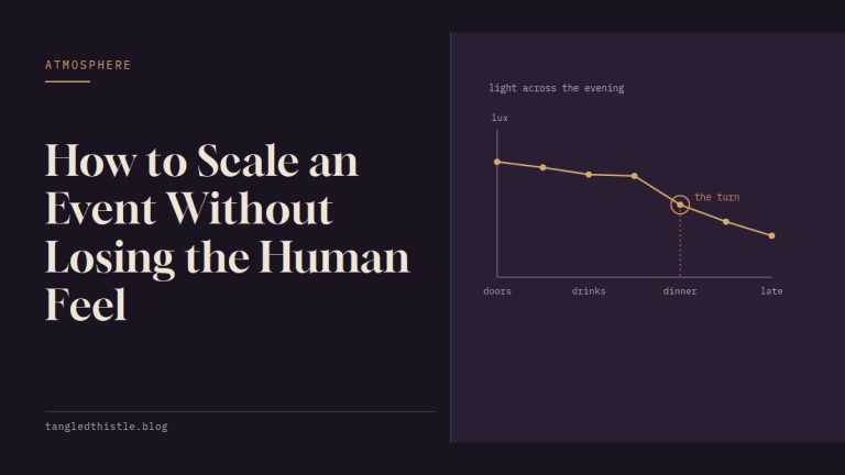 Tangled Thistle title card: the headline "How to Scale an Event Without Losing the Human Feel" set in cream serif on a near-black plum ground, beside a small decorative line schematic.