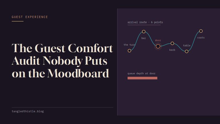 Tangled Thistle title card: the headline "The Guest Comfort Audit Nobody Puts on the Moodboard" set in cream serif on a near-black plum ground, beside a small decorative line schematic.