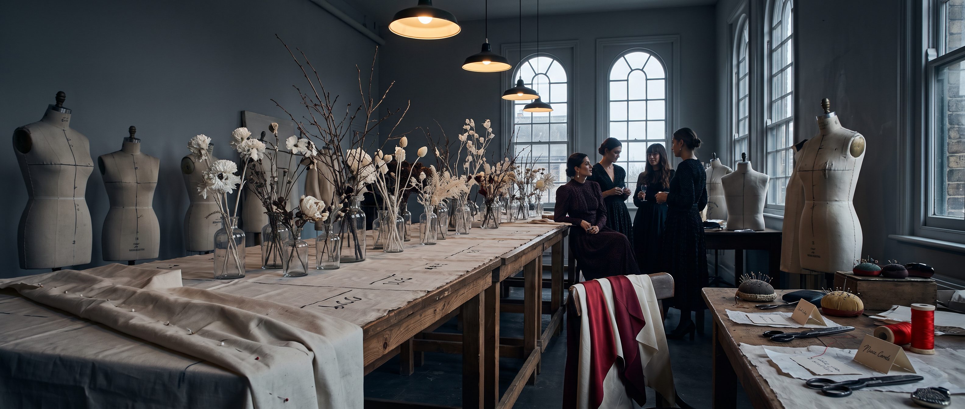 A high studio room dressed in unbleached calico: chair backs sleeved with the seam allowances turned outward, a long table under a tacked cloth, and a hard cool task light over a cutting table at the far end.
