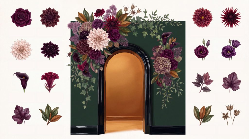 A botanical watercolor of a doorway in a bottle-green wall, dark plum, wine and blush flowers and ivy gathered over the lintel and down one side, surrounded by studies of single roses, dahlias, calla, celosia, lisianthus and foliage.