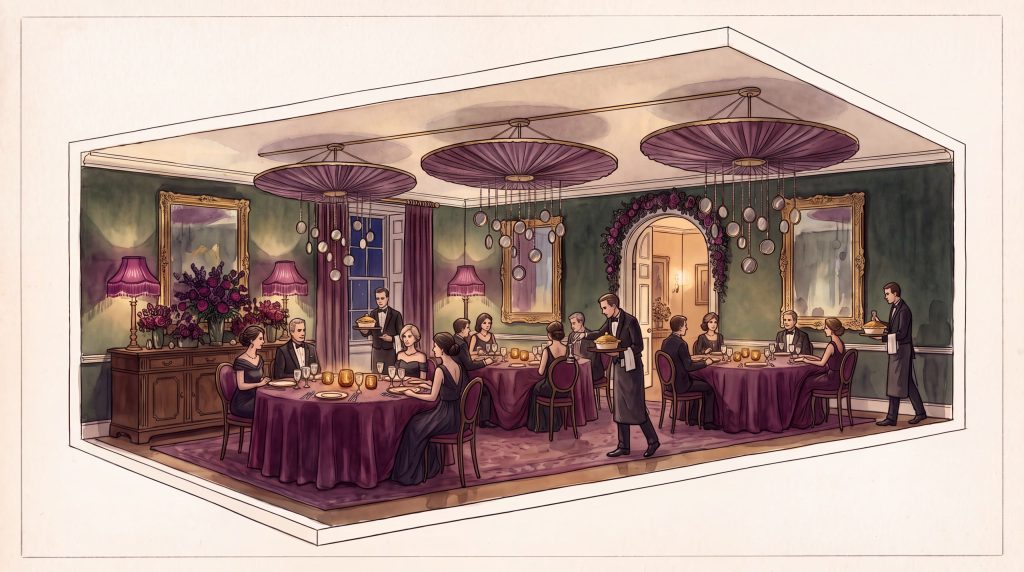 A watercolor cutaway of a Circle Room: plum-velvet round tables with guests, pleated plum ceiling rosettes with hanging mirrors, gilt mirrors on bottle-green walls, dark flowers at the door and staff serving.