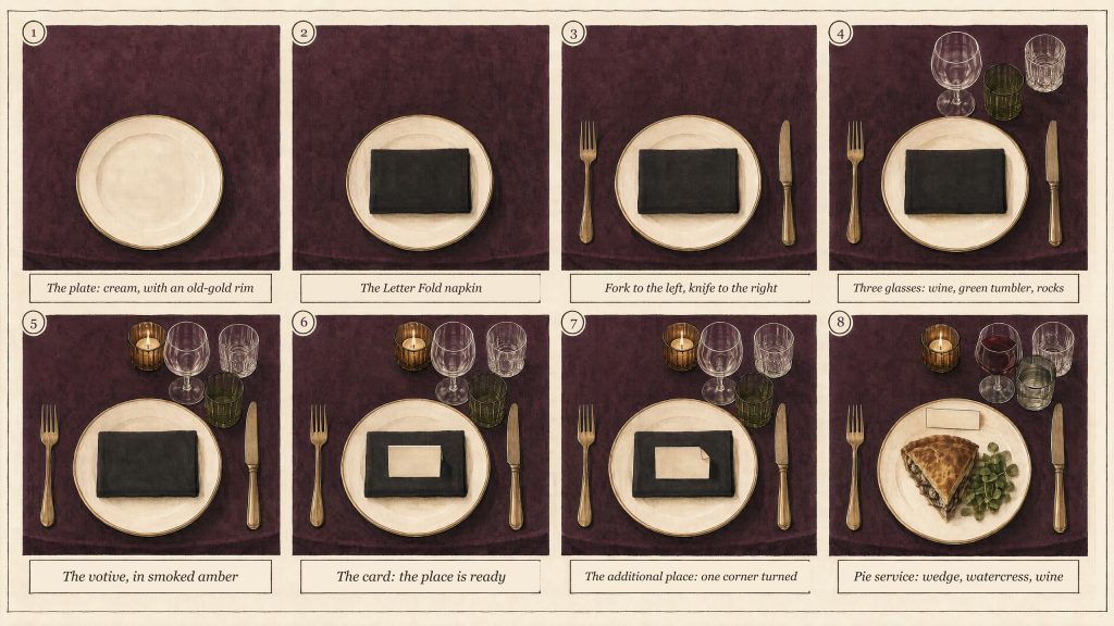 An eight-step watercolor of one guest's place on plum velvet, seen from above: plate, folded black napkin, brass fork and knife, three glasses, an amber votive and a cream card; then the additional place with one card corner turned, and pie service with a wedge, watercress and red wine.