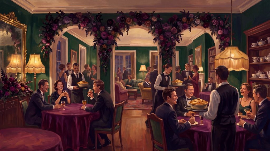 A painted evening house in plum and bottle green: guests in evening clothes laughing at plum-velvet round tables under fringed lamps, dark flowers framing the doorways, and staff carrying golden pies through the rooms.